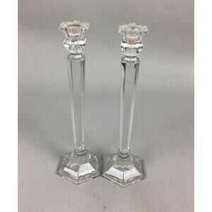 Set Of 2 Elegant Clear Glass Candlestick Holders With Hexagon Base - 11.5”